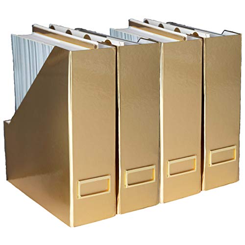 Blu Monaco Foldable Gold Magazine File Holder with Gold Label Holder - Set of 4 Cardboard Magazine Holder Boxes - Gold Desk Accessories