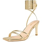 RIBONGZ Strappy Heels for Women Square Open Toe Tie Up Sandals Ankle Strap Lace Up Stiletto High Heels Sexy for Wedding Prom Party Comfort Dress Shoes, Gold Patent, 10 UK