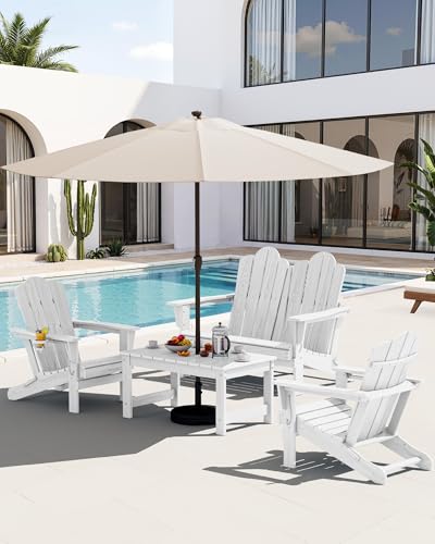 Image of SERWALL 4-Pc HDPE Adirondack Set, 2 Chairs, 1 Bench & 1 Coffee Table, White