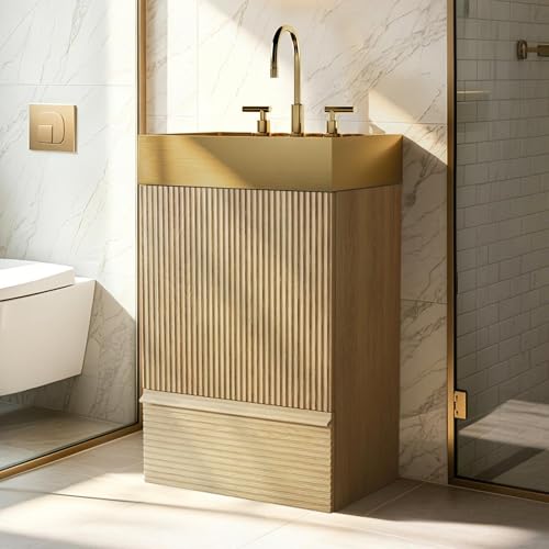 BLUHOUZZ 20" Bathroom Vanity with Gold Stainless Steel Sink, Oak Fluted