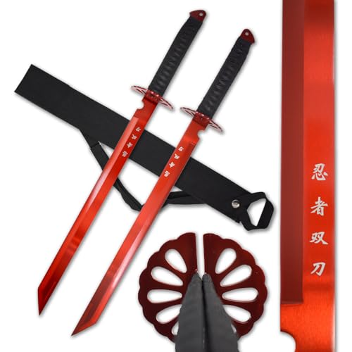 Twin Ninja Sword Set with Black Nylon Wrapped Handle, 28 Inch Overall, 18.25 Inch Stainless Steel Blade, Includes Shoulder Strap - HK-6183 Series (Red)