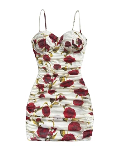 Image of SOLY HUX Women's Summer Floral Corset Dress Spaghetti Strap Ruched Mesh Bodycon Vacation Mini Dresses