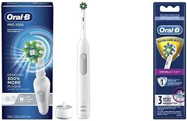Oral-B Pro 1000 Power Rechargeable Electric Toothbrush Powered by Braun (white) & Oral-B Cross Action Brush Head Refills 3 count Bundle