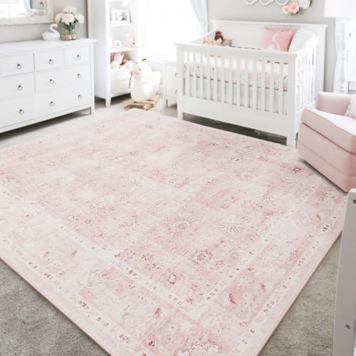 Image of LIMON HOME Nursery Rug for Baby Pink Girls Room Blush Floral Washable Non Slip Soft Faux Wool Area Rugs for Living Room Bedroom,5 by 8 Rug