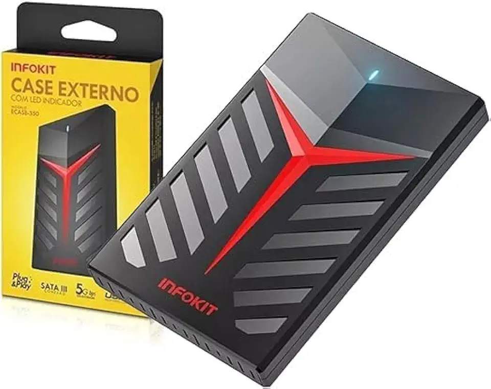 Case Externo Infokit para HD 2.5" SATA, USB 3.0, Portátil, Compatível com PC/Notebook/PS4/PS5/Xbox, Preto/Vermelho, Ultra Slim