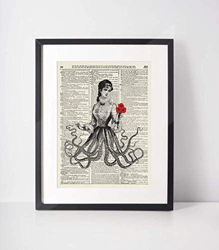 Victorian Octopus Lady Vintage Dictionary Art Print, Antique Wall Art Home Decor, Modern Boho Poster, Farmhouse Decoration Living Room Bedroom Office 8X10 Inches, Ready To Frame #TOP2