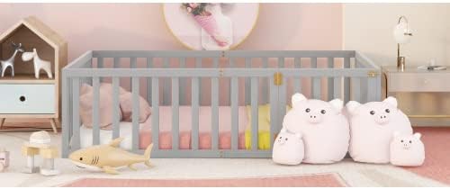 Walnut Large Children's Bed Frame, Solid Wood Floor Bed Frame, Bed Frame with Fence, with Door. (Gray)