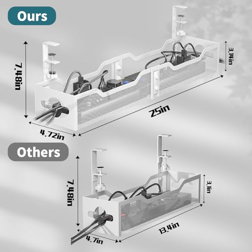 Image of Under Desk Cable Management Tray White, Litwaro Cable Management Under Desk No Drill, 25'' Cable Tray with Clamp for Wire Management, Cord Organizer for Office, Home - No Damage to Table