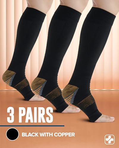 Image of Doctor's Select 3 Pairs Copper Toeless Compression Socks Women & Men - 20-30 mmHg Open Toe Compression Socks Knee High Women