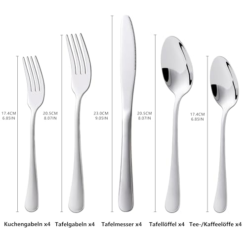 KitchenBoss Besteck Set 4 Personen: Besteckset 20 Teilig, Cutlery Set, Edelstahl Besteck, Essbesteck, Spülmaschinenfest Silber