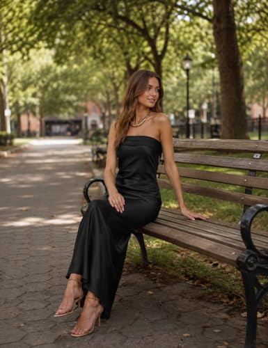 Image of Realtix Summer Satin Strapless Backless Maxi Dress for Women Wedding Guest