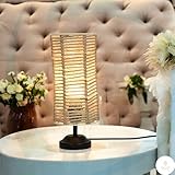 SOLAZA® Modern Rope Woven Table Lamp for Bedroom, Living or Dining Room, Cylindrical Design, White Shade with Black Base, Electric Powered