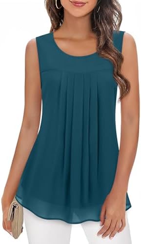 Luranee Women’s Sleeveless Tank Top Flowy Pleated Front Double Layers Tunic Casual Blouse S-3XL
