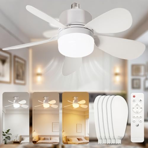 Image of EnjoyThink 52CM LED Ceiling Fan with Remote,E27 Screw in Light,Dimmable 3000K-6500K,Timing & Memory,Ultra-Quiet,Stepless Dimming,Timer for Bedroom Living Room Kitchen Indoor/Outdoor Patio 