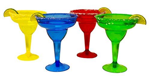 KINREX Margarita Plastic Glasses Set - Disposable Cinco de Mayo Cups - Colorful Mexican Cocktail Party Decorations - 11.5 Ounces - 20 Count - Assorted Red, Blue, Green and Yellow