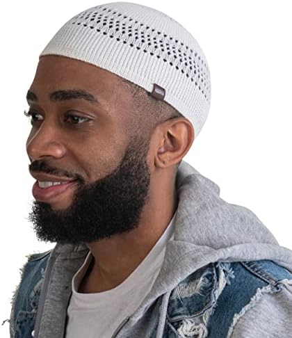Skull Caps for Men & Women in Solid and Striped Designs | Cotton Helmet Liner Sports Beanie Kufi (White with Lattice Design)