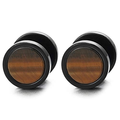 Mens Women Black Circle Stud Earrings with Stone Veins Acrylic, Steel Cheater Fake Ear Plugs Gauges