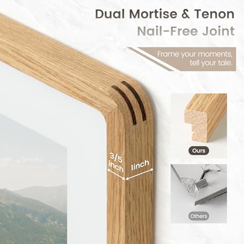 Image of 16 x 20 Picture Frame, USA-Sourced Natural Oak Wood Photo Collage Frame with HD Tempered Glass, 16x20 Wooden Frame Matted to 11x14, Vertical & Horizontal Wall Hanging Display