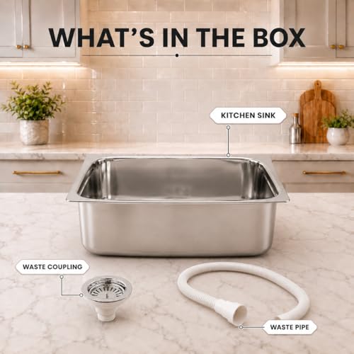 Image of 20x17 inch Stainless Steel Kitchen Sink | Single Bowl with Glossy Finish | Includes PVC Coupling & Waste Pipe | Anti-Rust