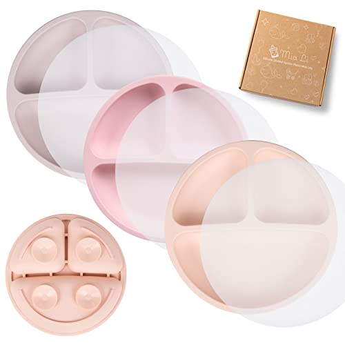 Image of Mia Li Suction Plates for Baby – Set of 3 Toddler Plates with Suction – Cute and Colorful Silicone Plates for Weaning – Ideal for Baby Feeding, Food Storage (Blush, Lilac & Mauve With Lids)