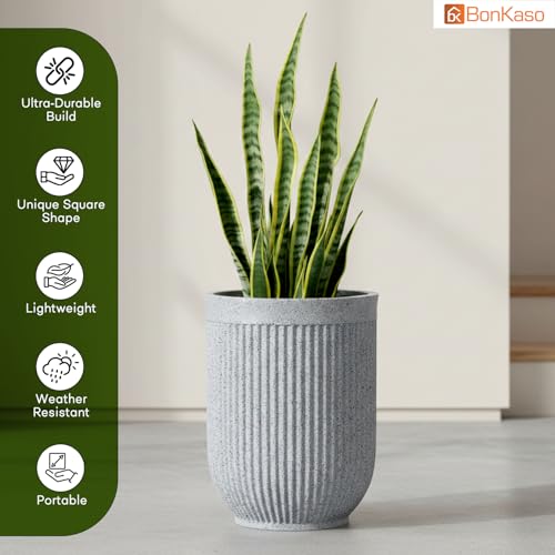 Image of Bonkaso 18 Inch Burj Khalifa Ribbed Planter Pot Indoor & Outdoor Use | Round Heavy Duty Polymer Flower Pot | Lightweight Weather Resistant Modern Gamla for Living Room Balcony & Terrace (Light Grey)