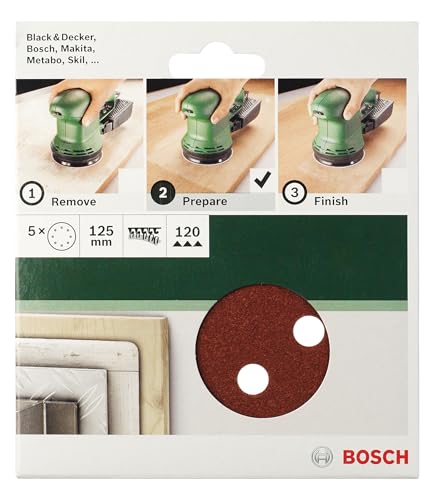 Bosch Accessories 2609256A25 Feuilles abrasives pour Ponceuses excentriques Diamètre 125 mm 8 trous Grain 120 Lot de 5 feuilles