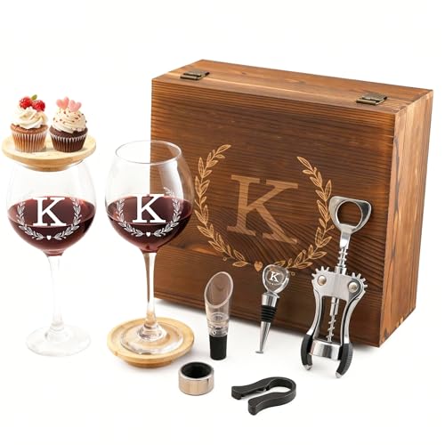 GZLDGIFTS Personalized Initial Wine Glasses Box Gift Set For Women Mom Engraved Birthday Monogrammed Wooden Christmas Gifts Wedding Anniversary Wine Couples Stopper Opener Initial Letterr (K Set)