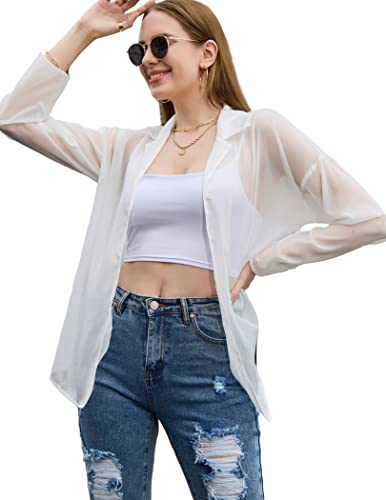 Yya Women's Button Front Long Sleeve Mesh Shirt See Through Sheer Drop-Shoulder V Neck Blouse Tops,White #TOP5