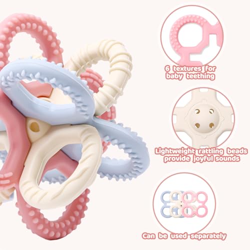 Image of Baby Teething Toys 3 in 1 Silicone Teethers - BPA Free Food Grade Silicone Teething Ring Rattle Toys for Babies 3-6 Months 6-12 Months, Soft & Easy Hold, Baby Chew Toy for Toddlers (Pink)