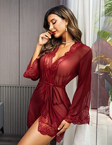 Image of Avidlove Women Lace Kimono Robe Babydoll Sexy Lingerie Mesh Chemise Nightgown Cover Up