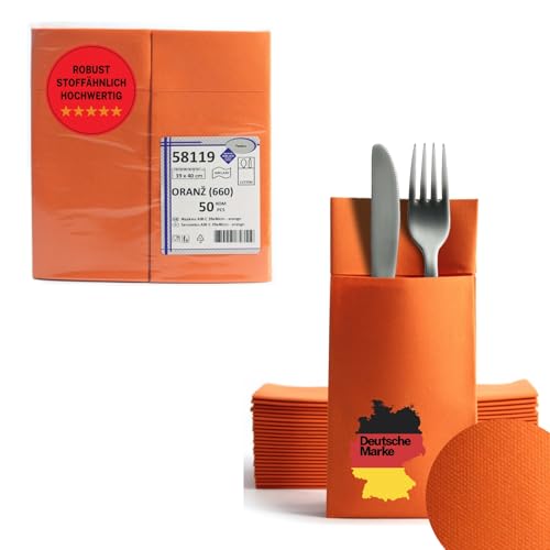 AROBA 50 x Airlaid Cutlery Napkins (Orange, 39 x 40 cm), High-Quality Napkin Pockets, Ready-Folded Cutlery Pockets, Fabric-Like Airlaid Napkins