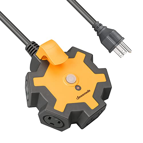 DEWENWILS 5-Outlet Power Strip, 25FT Heavy Duty Extension Cord, 14/3 SJTW, Industrial Power Strip for Garage, Workshop, 15A Circuit Breaker, Swivel Safety Covers Yellow+Black 25 Ft