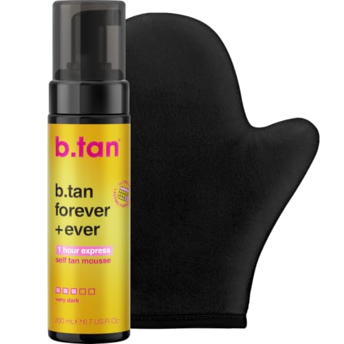 b.tan Ultra Long Lasting Self Tanner Kit | Forever Bundle - Dark Sunless Tan Mousse with Mitt Applicator, Best Up to 11 Days, 1 Hour Express Foam, Fast Bronzing Glow, No Fake Tan Smell, 6.7 Fl Oz