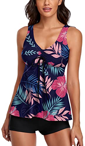 Image of Modest Tankini Swimsuits for Women Two Piece Bathing Suits Floral Print Tank Top with Boyshorts Tummy Control Swimming Suits