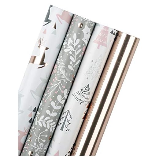 WRAPAHOLIC Christmas Wrapping Paper Roll - Rose Gold and Grey Holiday Design with Metallic Foil Shine - 4 Rolls - 30 Inch X 120 Inch Per Roll