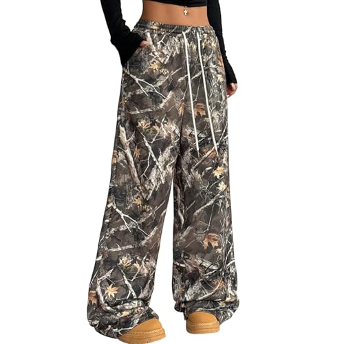 MECH-ENG Women Wide Leg Camo Sweatpants Maple Leaf Print Drawstring High Waist Baggy Camouflage Sweat Pants with Pockets