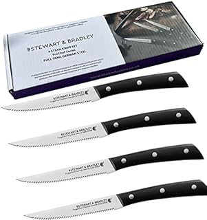 STEWART & BRADLEY Steak Knives Set of 4 , Full Tang, Premium German Steel #4028, Razor Sharp Stainless Steel Steak Knives, Lightweight 5 Inch Serrated Blade. Steak Knife Set for Every use.