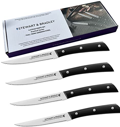 STEWART & BRADLEY 4-Piece Steak Knife Set – Premium Full Tang German Stainless Steel Serrated Knives with 5-Inch Blades and Ergonomic Handles – Durable, Razor Sharp Cutlery for Dining & BBQ