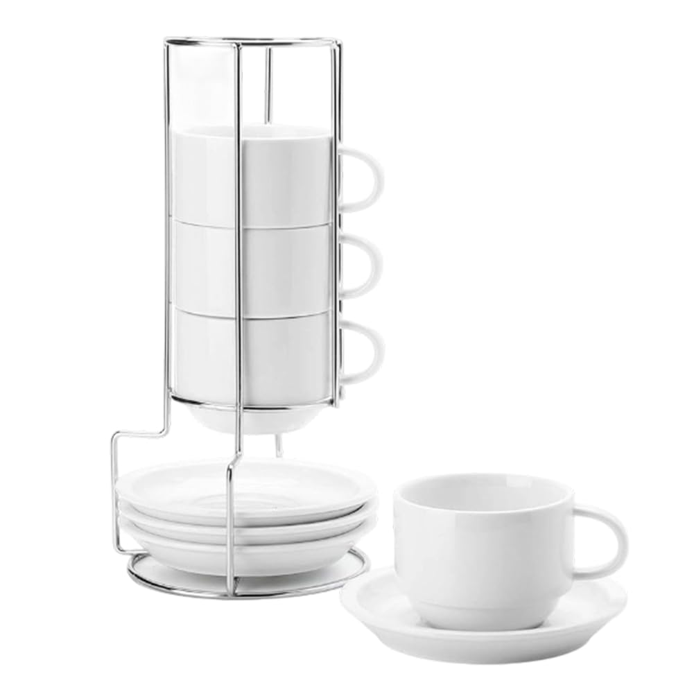 Aundhegrtt For Cappuccino, Latte, Americano and Tea 4pcs-Stackable Porcelain Cups 3 Ounces Includes Saucer& Metal Stand