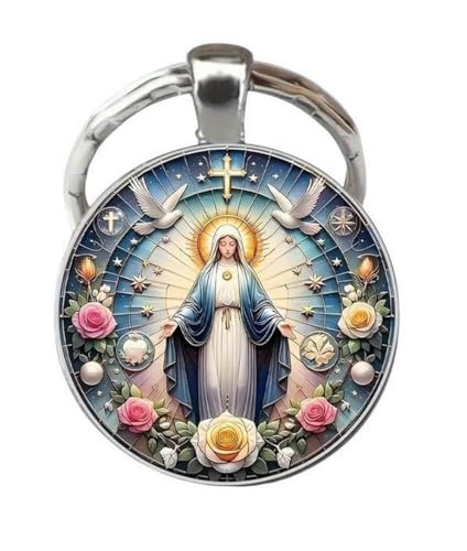 Porte-clés, bijou de sac cabochon Sainte Vierge Marie colombes et fleurs.