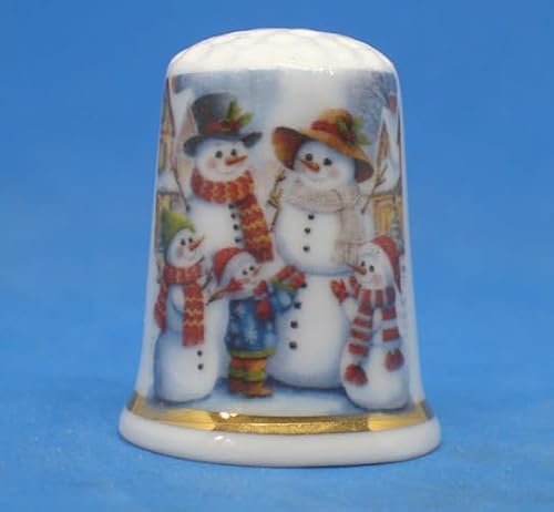 Birchcroft Porcelain China Collectible Thimble - Merry Christmas Snowman & Family - Dome Gift Box