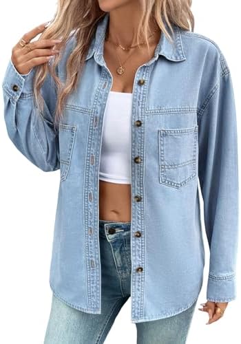 Sidefeel Women Denim Shirts Long Sleeve Button Down Blouse V Neck Trendy Jean Jackts Sky Blue Large