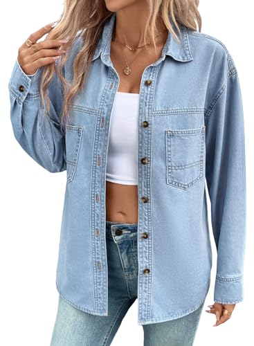 Sidefeel Women Denim Shirts Long Sleeve Button Down Blouse V Neck Trendy Jean Jackts Sky Blue Large