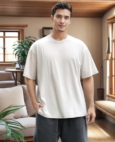Image of Men's Oversized T-Shirts Cotton Unisex Short Sleeves Casual Loose Wash Solid Basic Tee Tops
