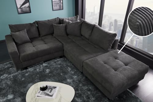 Riess Ambiente Modernes Ecksofa Kent 220cm dunkelgrau Cord inklusive Hocker Federkern Wohnlandschaft Sofa Couchgarnitur – Bild 3