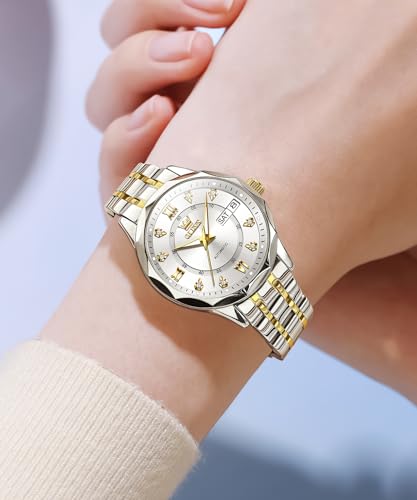 Image of OLEVS Womens Diamond Watches Automatic Mechanical Gold Luxury Dress Ladies Self Winding Original Stainless Steel Wrist Watch