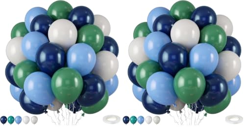 Image of Navy Blue Dark Blue Green White Latex Balloons, 12 Inch, with Ribbon for Birthday, Baby Shower, Jungle Safari, Dinosaur Party Decorations (Pack of 2)