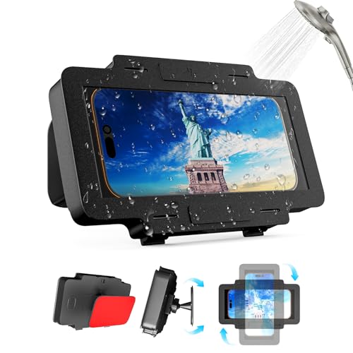 Waterproof Phone Holder for Shower, [Shower Phone Mount] with IPX6 Rating & Anti-Fog Screen, 360° Rotatable [Waterproof Shower Phone Holder] with Strong Suction for iPhone Android 4-7 Inch (Black)