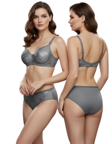 Image of Kinzie Elegant Floral Jacquard Lingerie Set, Grey Brown Maroon Bra and Brief, Comfortable Full Coverage Underwear Set, Padded Bra, Lingerie Set, Honeymoon Bikini Set,