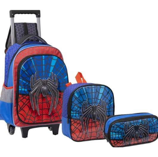 Kit Mochila Costas Rodinha Infantil Lancheira Estojo Escolar Passeio Masculina Homem Aranha (KIT AZUL)